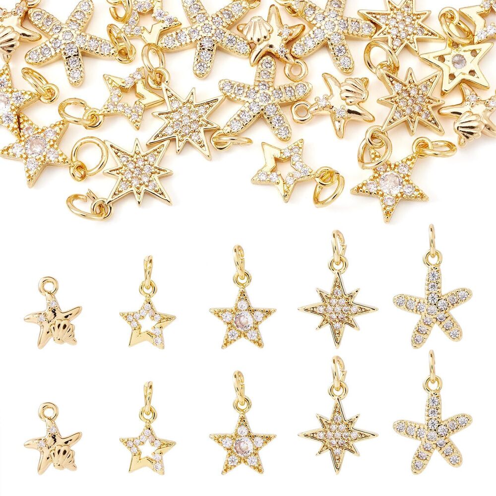 6437 20 Pcs Cubic Zirconia Star Charms Real 18K Gold Plated Star Charms